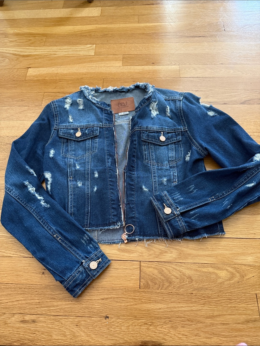 Distressed Dark Wash Denim Jacket - No Collar